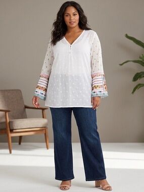 Johnny Was 3X White Embroidered Boho Tunic Bell Sleeve Blouse Plus Size